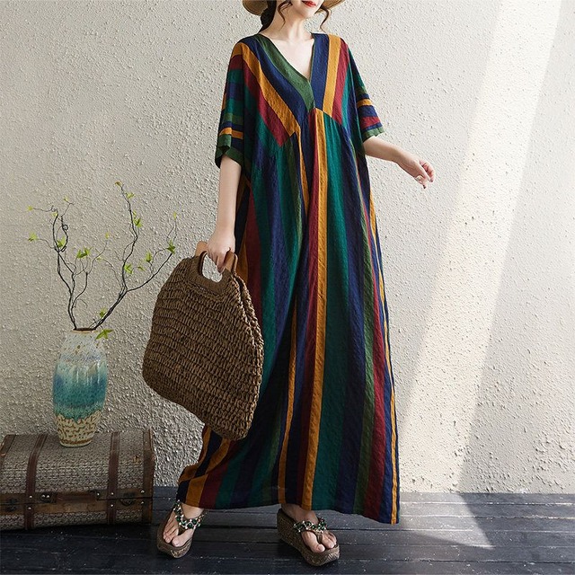 STRIPED V-NECK SHORT SLEEVE LOOSE MAXI DRESS M-17866