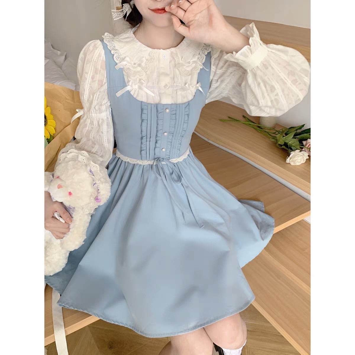 ワンピース デニム 水色 ワンピース リボン 上品 発表会 エレガント 赤