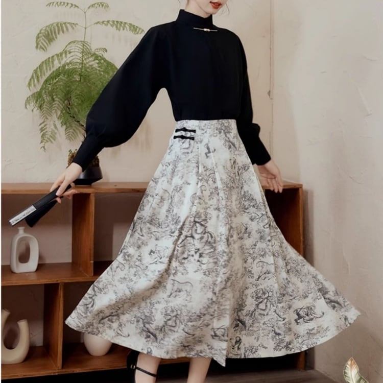 金具デザインブラウス×水墨画風スカートセットアップ　YS00174