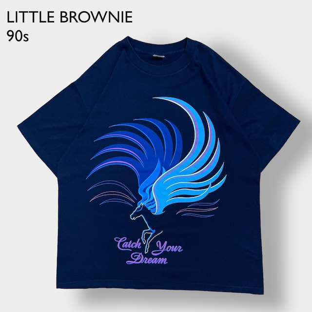 【LITTLE BROWNIE】90s USA製 Tシャツ シングルステッチ ビッグプリント ペガサス メルヘン レトロ XL相当 半袖 ネイビー US古着