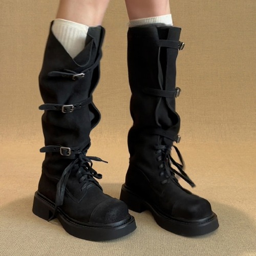 belt lace up long boots / l0854