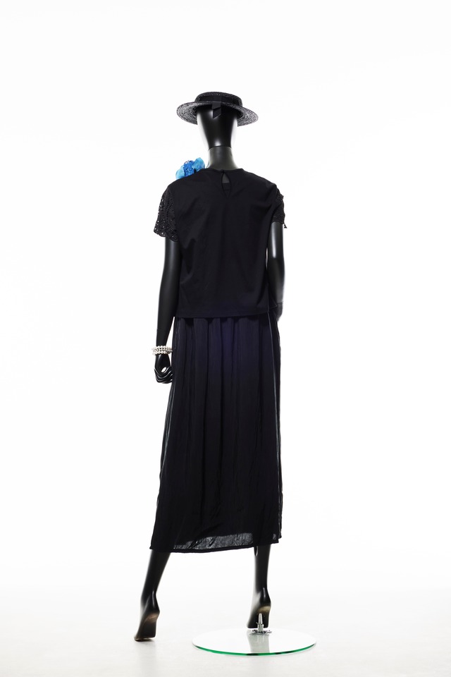 【221B013】バイカラークルー半袖ブラウス　B_ブラック×ブラック