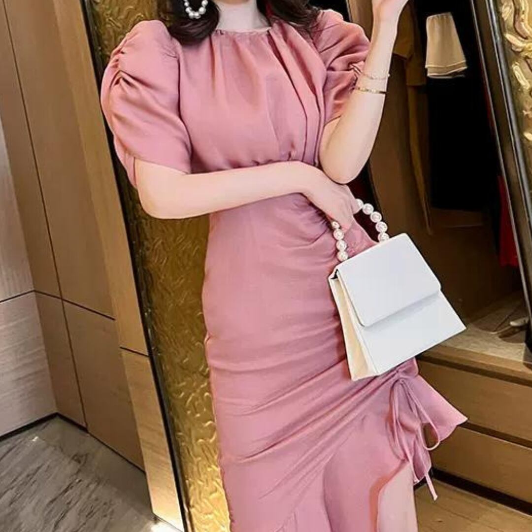 送料無料】 30代 40代 おすすめ ピンク アシンメトリー 裾 パフ袖