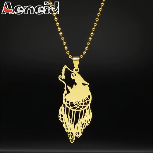 ペンダント  動物 アニマル ハイキング ステンレス オオカミ ゴールド キャッチ 羽根 狼 車 レディース メンズ