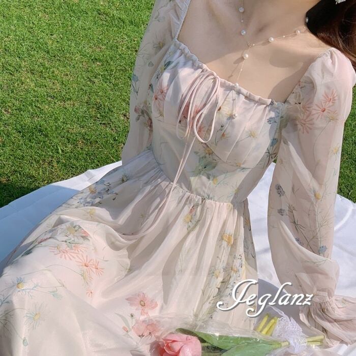 花柄 プリント シフォン ワンピース ドレス クラシカル ♪(M6623)α