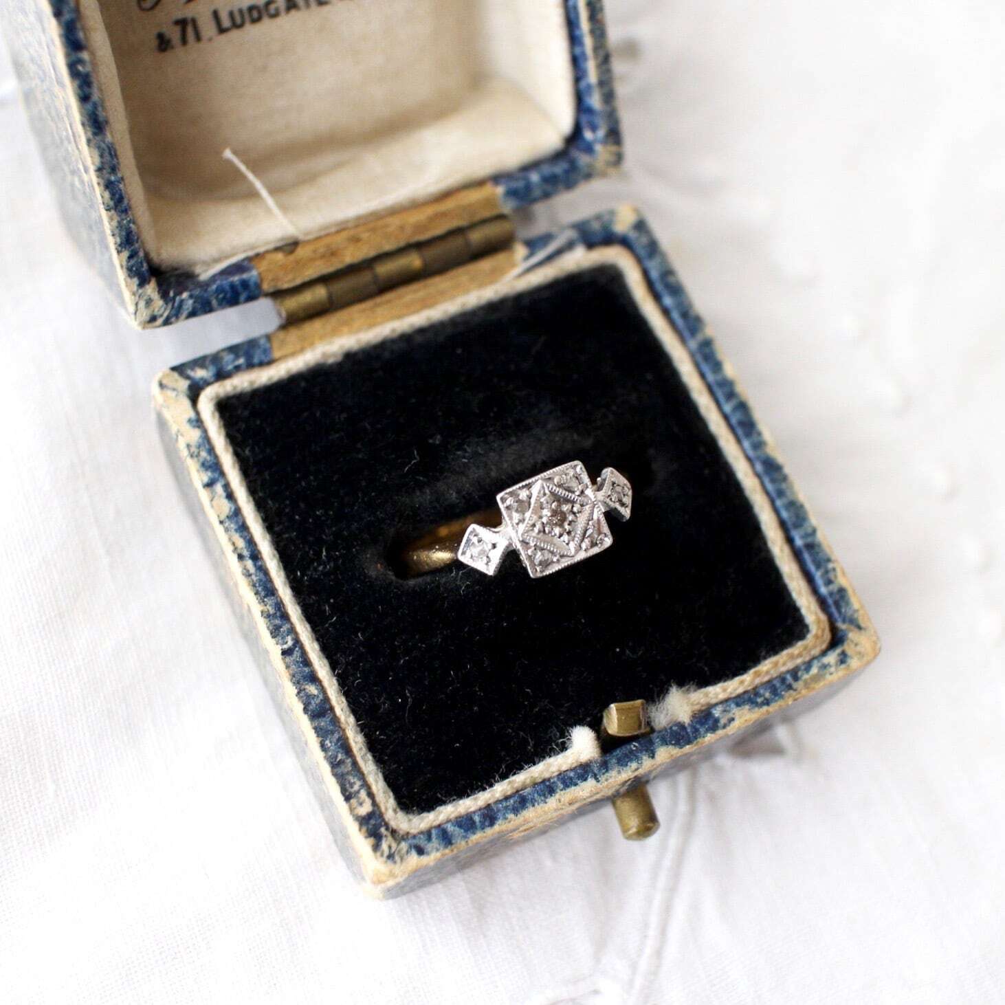 Antique*18Kゴールドリング*プラチナ×ダイアモンド*アール・デコスクエアデザインリング