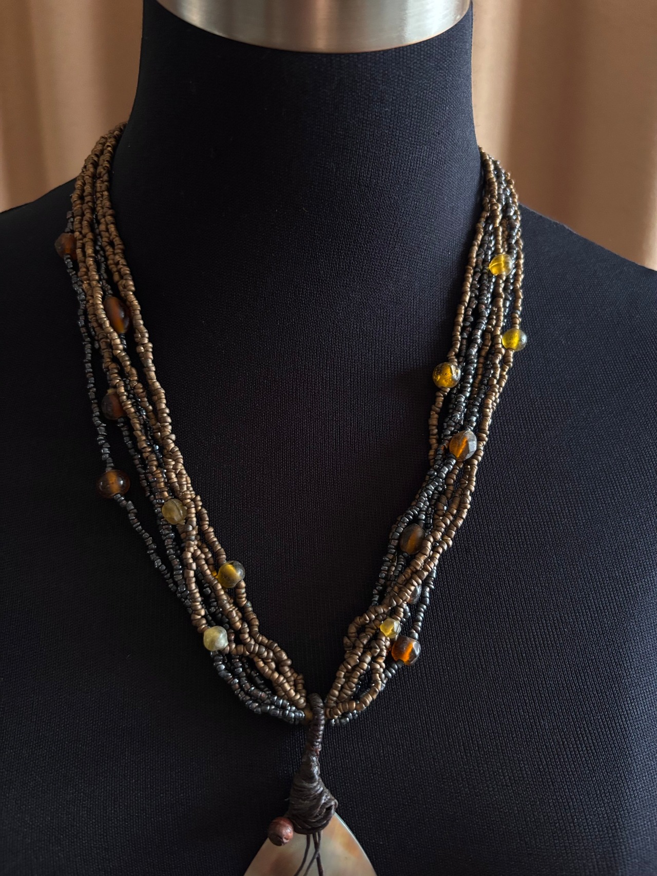 multi strand beaded shell pendant necklace-5145-8