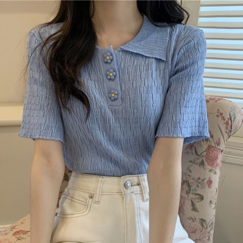 薄手ニットセーター カラー半袖スリーブソリッド ブラウス レディース ショート ハーフスリーブ 大人ガーリー スウィート キュート カジュアル ソリッドカラー ハンチェンe84024696752