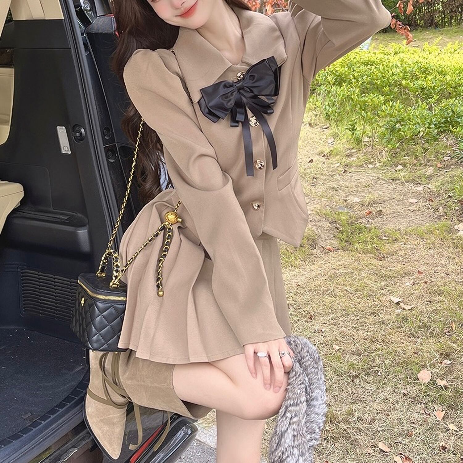 送料無料/プレゼント付♪ パワショル制服風ガーリーset up ブラウンS