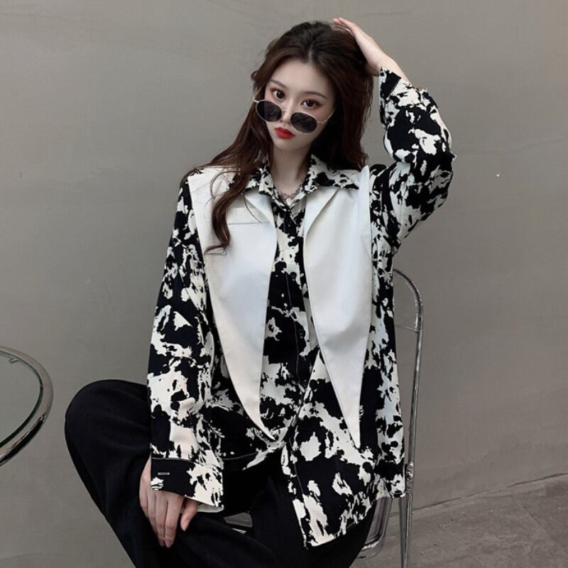 スプリングルーズプリントシャツ カジュアル ロング 春物 YY-ファッション72658836735