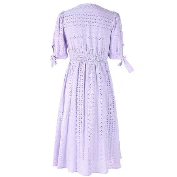 Vネックコットンレースワンピース 袖リボン 全3色 | LILIANA