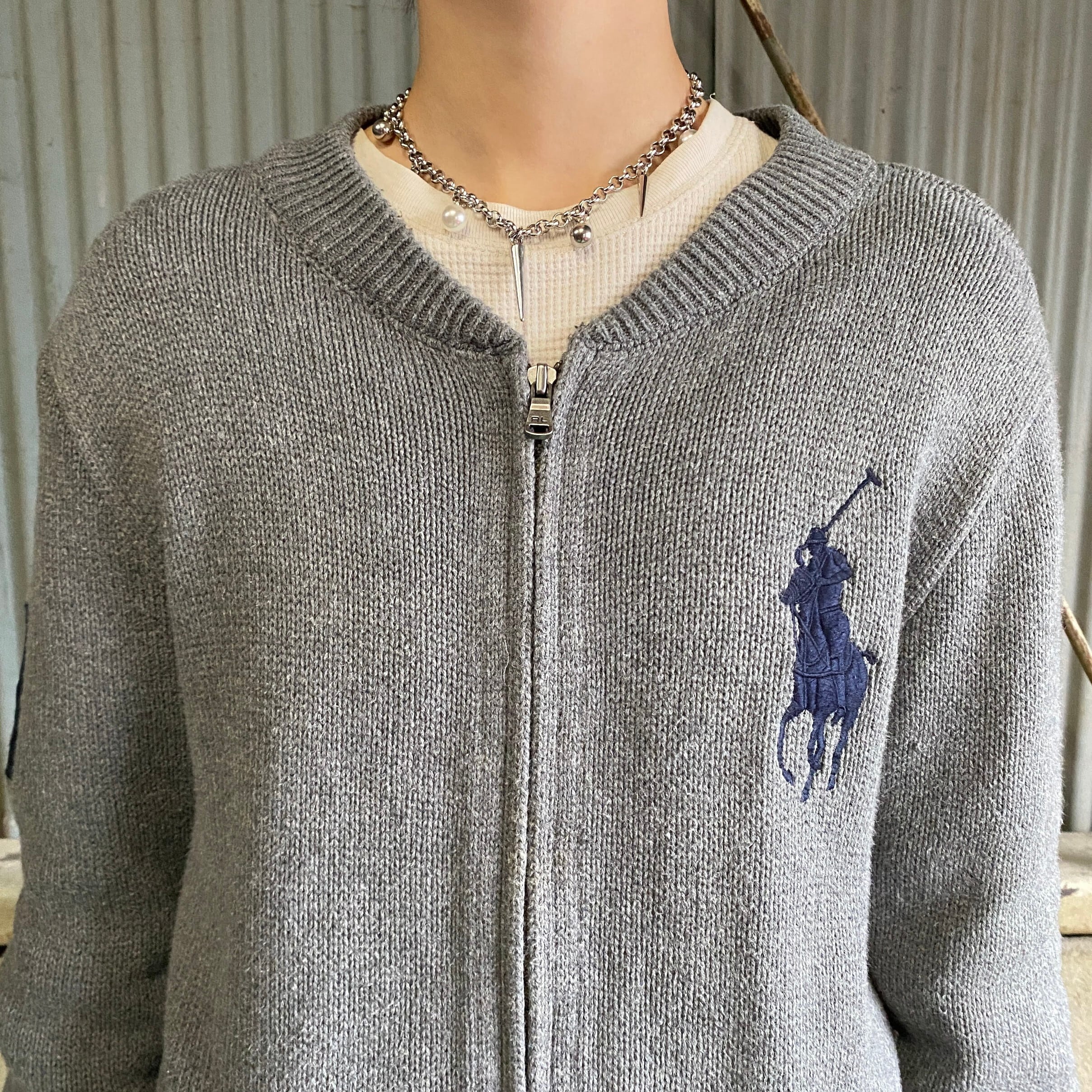 ポロ ラルフローレン ビッグポニー フルジップ コットンニットセーター メンズM相当 古着 POLO Ralph Lauren ボーイズ企画XL  グレー ナンバリング カーディガン【ニットセーター】 | cave 古着屋【公式】古着通販サイト