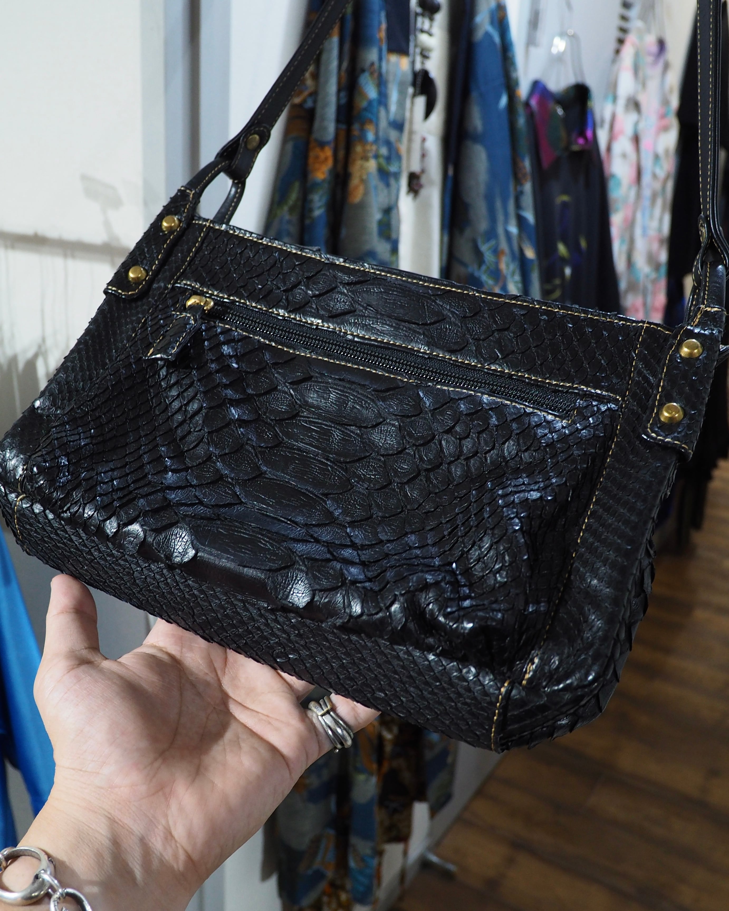1990s ” MONTOWA ” Black Python leather Weaving vintage Shoulder Bag