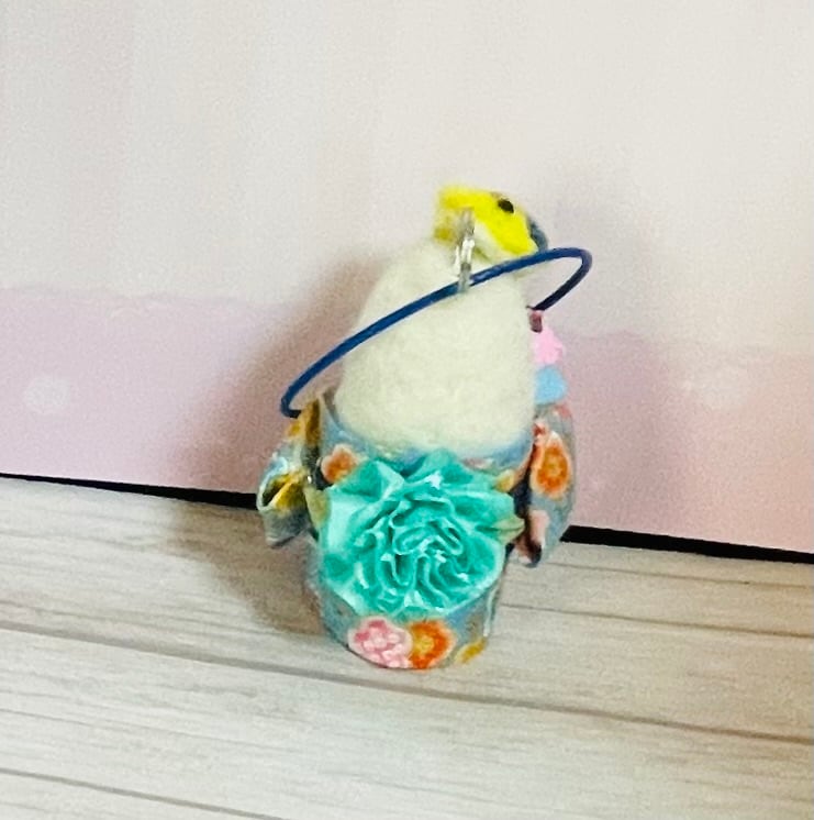 羊毛フェルト 浴衣セキセイインコ バッグチャーム 鳥 ゆこりん工房 