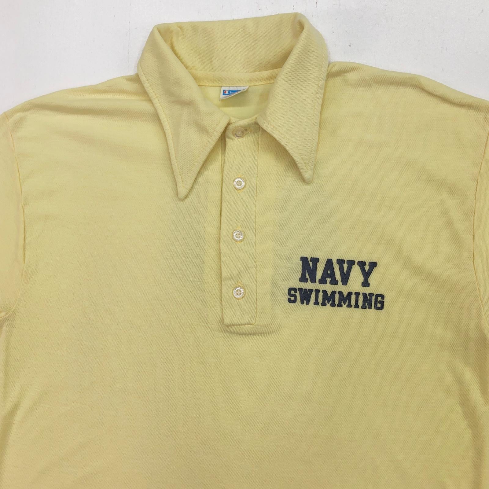 チャンピオンプラグ 70s ポロシャツ USA製 CHAMPION 70年代 USA製 バータグ 後期 襟芯入り NAVY SWIMMING ワン