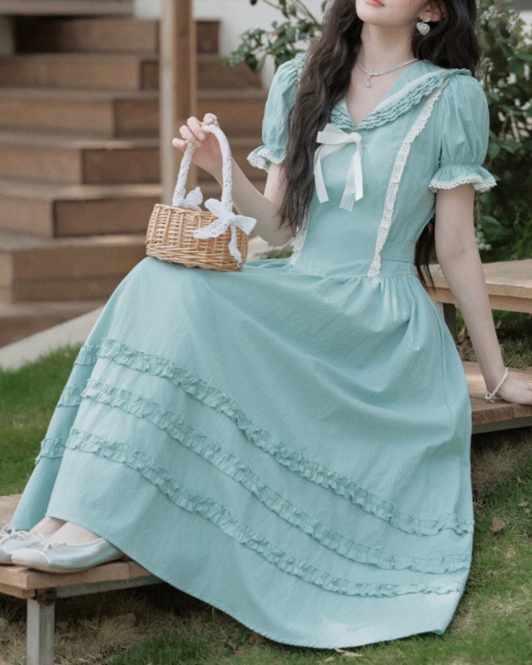 グリーンフリルフレアパフスリーブワンピース 2508589