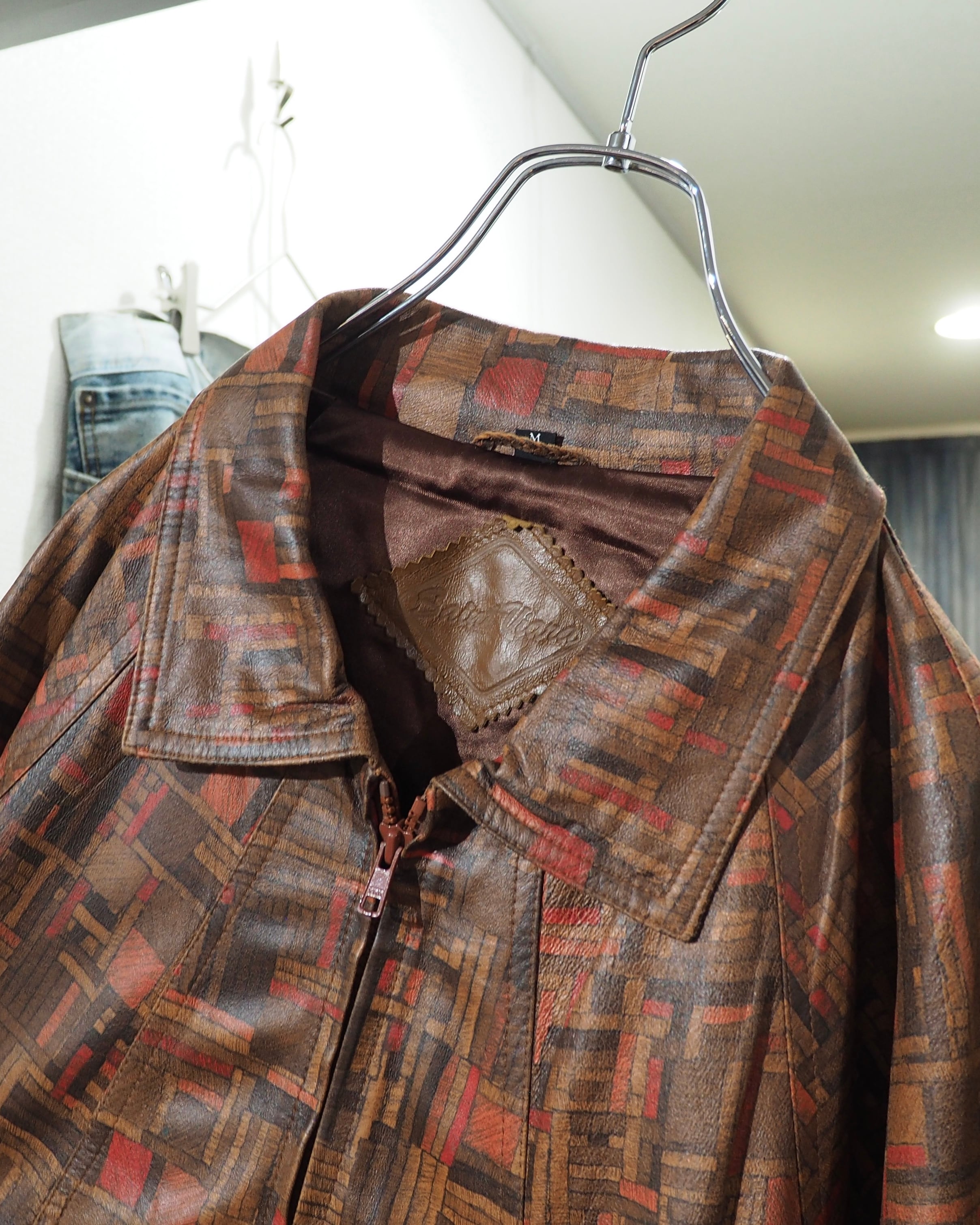 1990s Beautiful Abstract Square Pattern Vintage Loose Sheep Leather Jacket