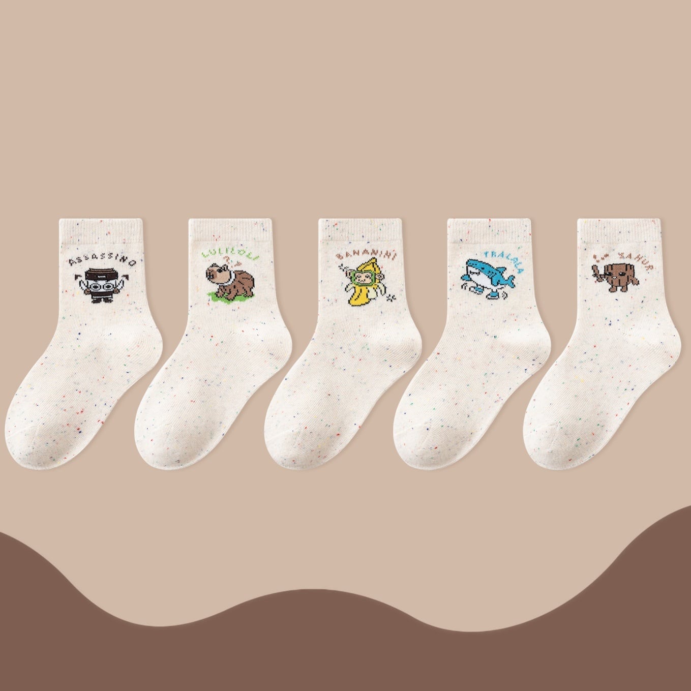 ,キッズ用人気キャラクターイタリアンブレインロット靴下5点セット 子供用ソックス 男女兼用 春夏秋冬 通園通学用 lwa0007