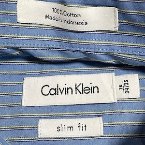 【Calvin Klein】ストライプシャツ slim fit スリムフィット ライトブルー 柄シャツ 長袖 ビジネスカジュアル L相当 ビッグサイズ カルバンクライン US古着