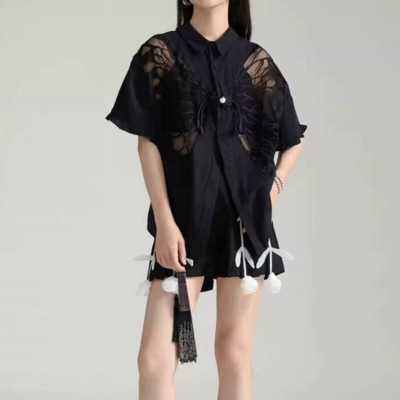 バタフライレースシャツトップス A0405