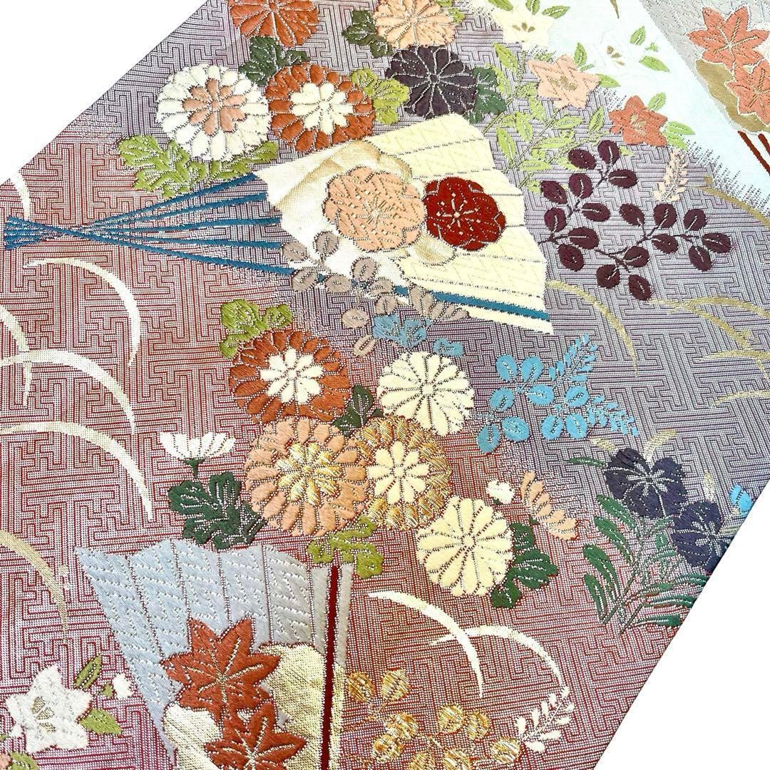 袋帯 唐織 扇子に四季の花模様 紗綾形 金銀糸 白百合色 O-3855  