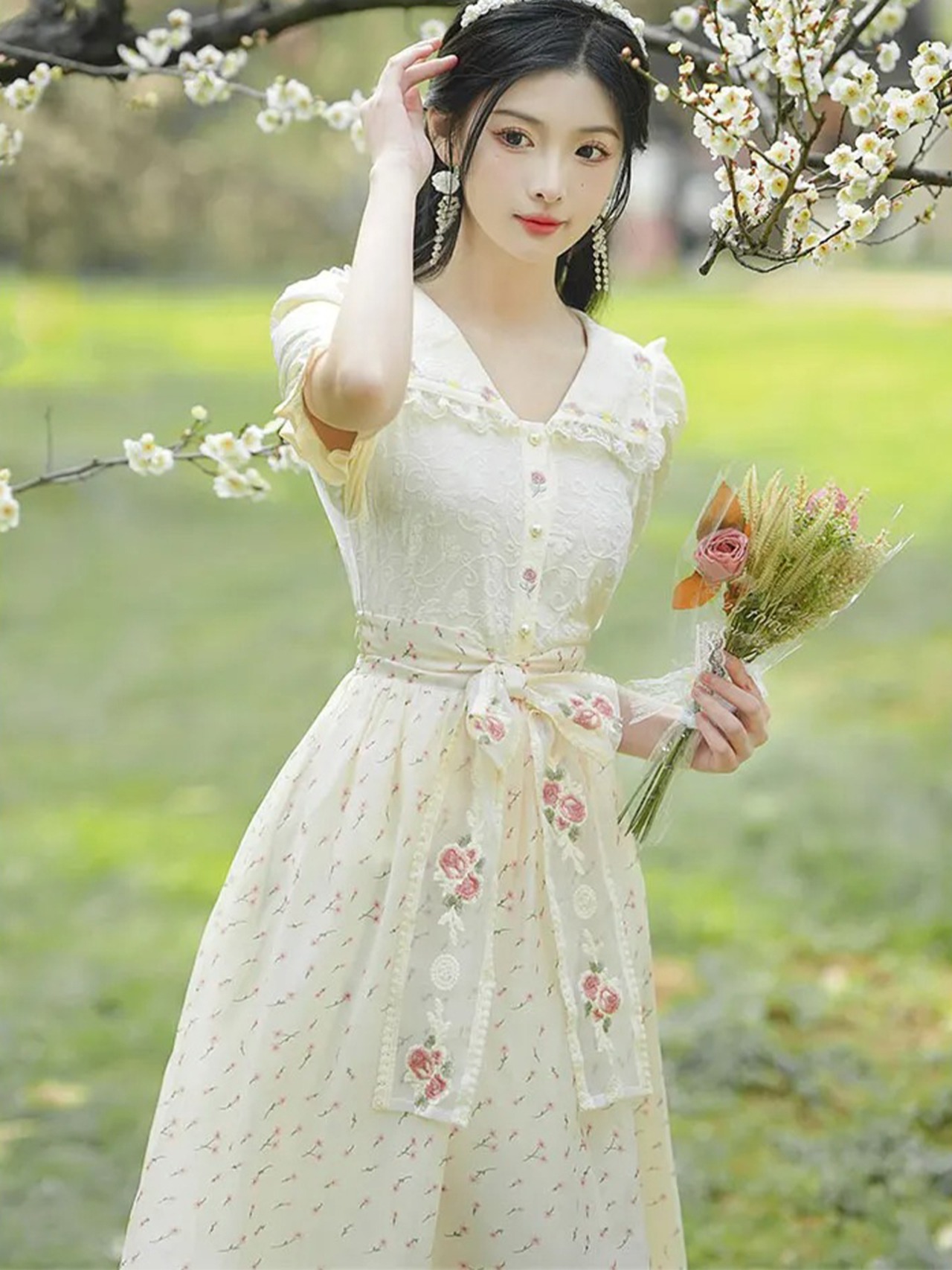 【0202】Lace Shirt Floral Skirt Short Sleeve 2 Piece Set