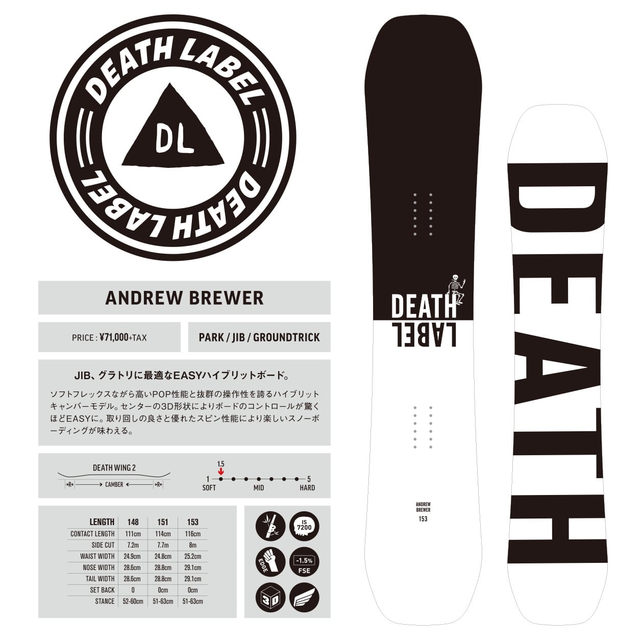 ボードDEATH LABEL ANDREW BREWER 153cm