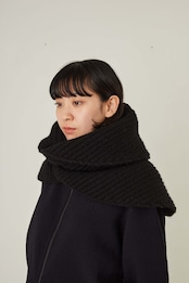 i’m here - Knit Snood(Crepe Wool-like) :Black|サークル状/片畦編み/ダブルジップ/ホーン・トグル/レザーパーツ