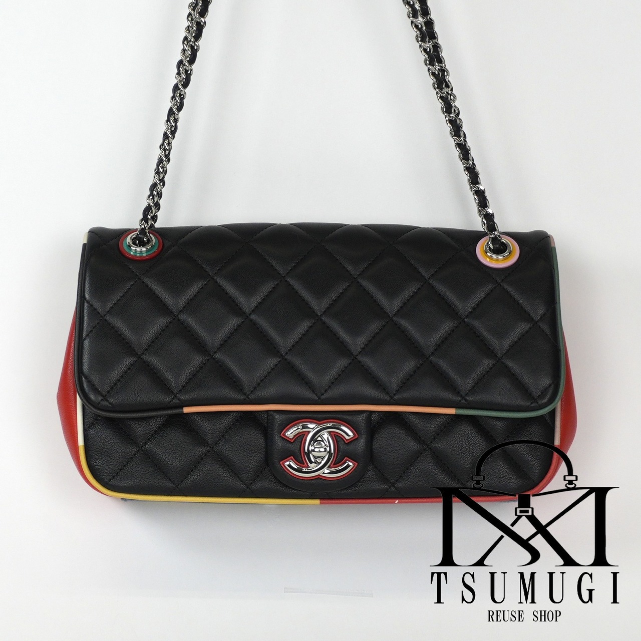 CHANEL シャネル マトラッセ ラムスキン シングルフラップ ダブルチェーン ショルダーバッグ マルチカラー シルバー金具 23番台