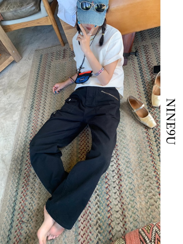 casual straight side-pocket wide-pants 2color【NINE7861】