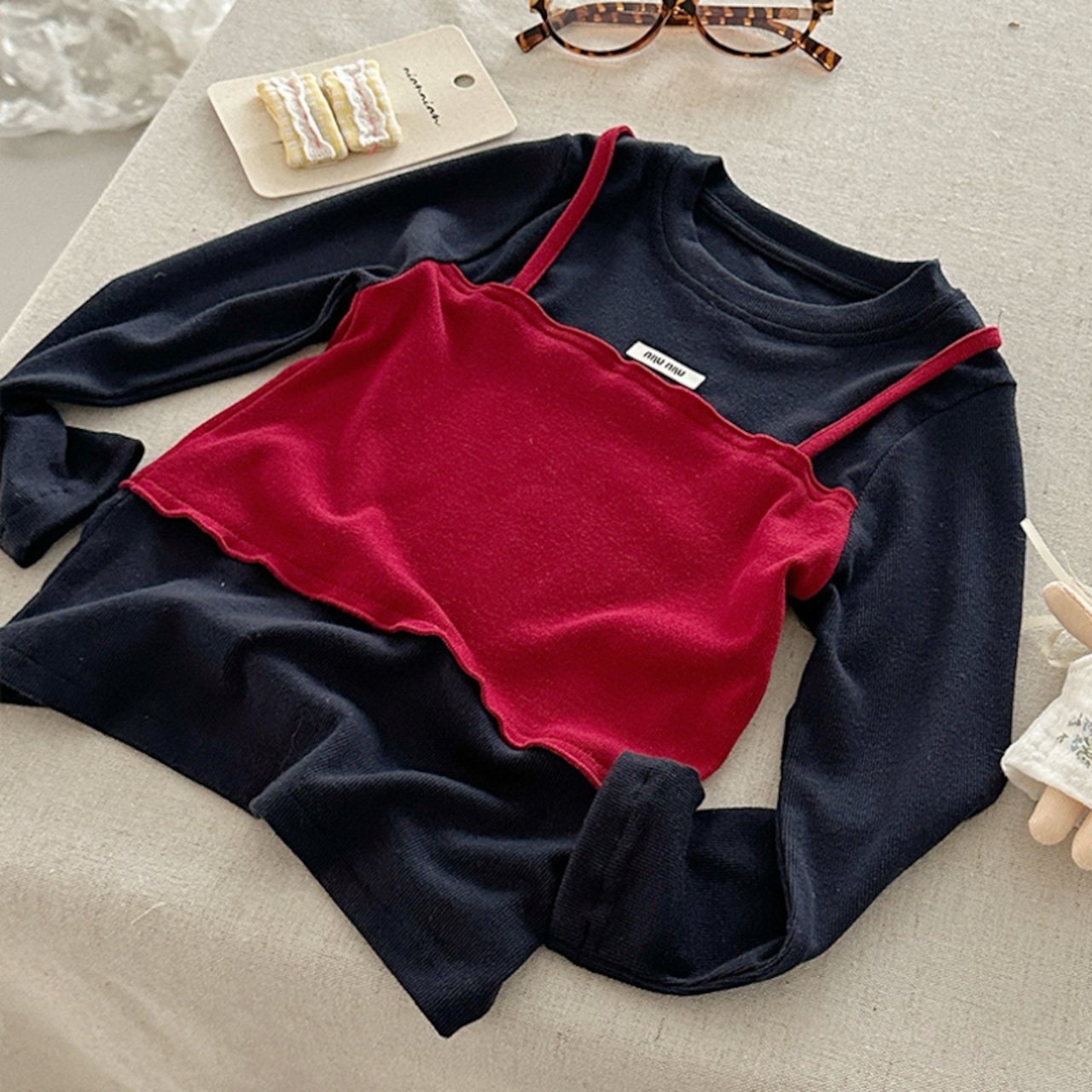 秋バイカラーフェイクレイヤードTシャツ