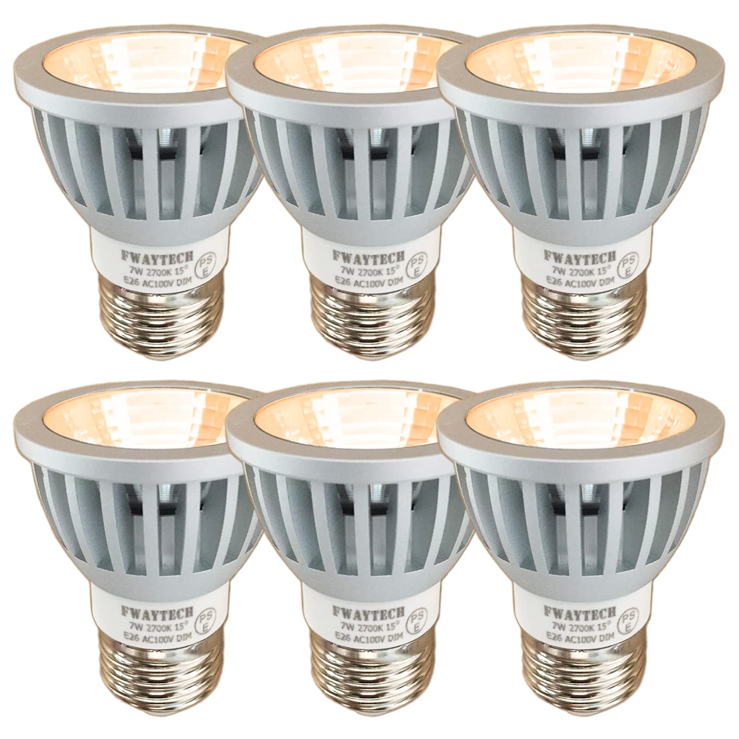 Fwaytech ledスポットライト e26 狭角 15度 COB7W JDRφ50 AC100V調光対応 LEDハロゲン電球形 60W~75W相当 密閉器具対応 ダイクロハロゲン 6個セット (電球色相当(2700K), 本体銀 (狭角15度) E26口金 調光対応)