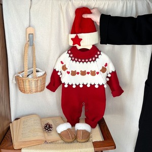 【BABY】クマ柄レッドロンパース