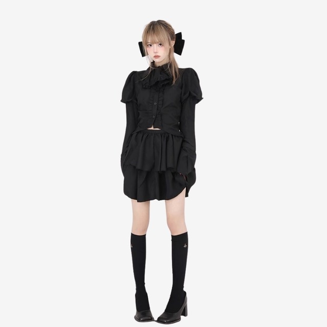 ゴスロリ通販 With U ゴシック ロリィタ ツーピース シャツ パフスリーブ ミニスカ 病み可愛い  原宿ファッション ストリート系 地雷系 Y2K バンギャ