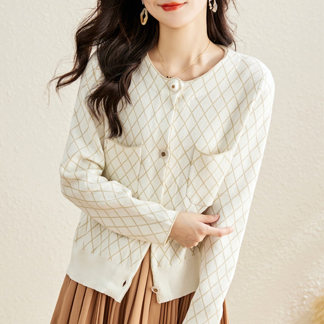 ボタンフロント ヒップ丈 長袖 パッチポケット ニットカーディガン K1058