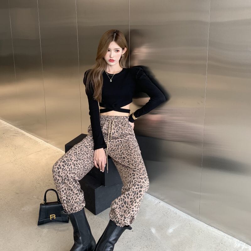 シャツ ウェストレオパードプリント柄ハイウェストパンツ ロング ガールズファッション41491743124