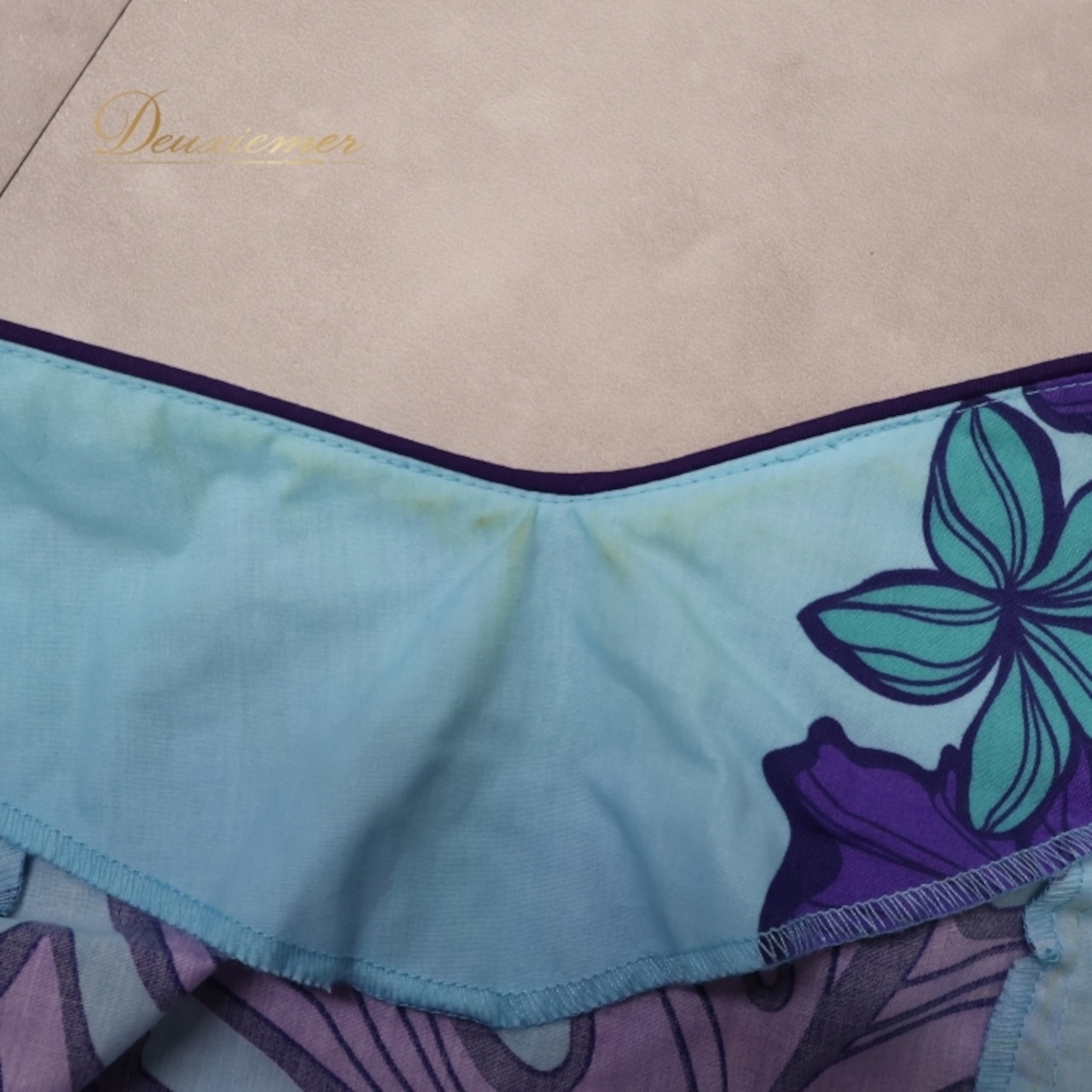 フラダンス 衣装 ワンピース ドレス フラガールズ ブルー系 HULA GIIRLS パフスリーブ フリル プルメリア柄 モンステラ柄 かわいい 華やか 鮮やか 明るい 紫 水 ハワイアン アロハ ハワイアンプリント フラ ダンス レッスン 練習