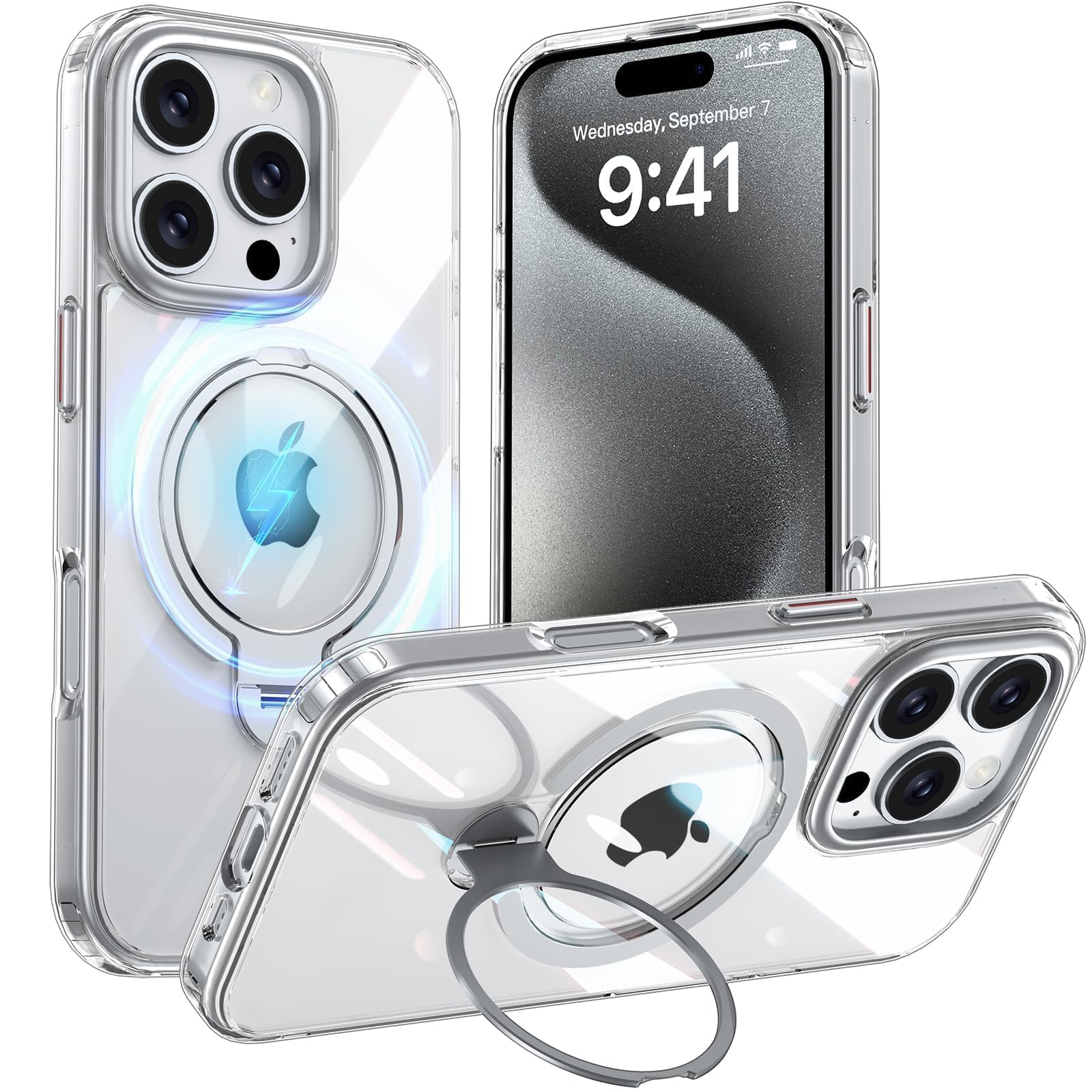 Fadkzyxr iPhone 16 Pro 用 ケース MagSafe対応 リング360°回転スタンド 縦横両対応 透明 耐衝撃【クリア】
