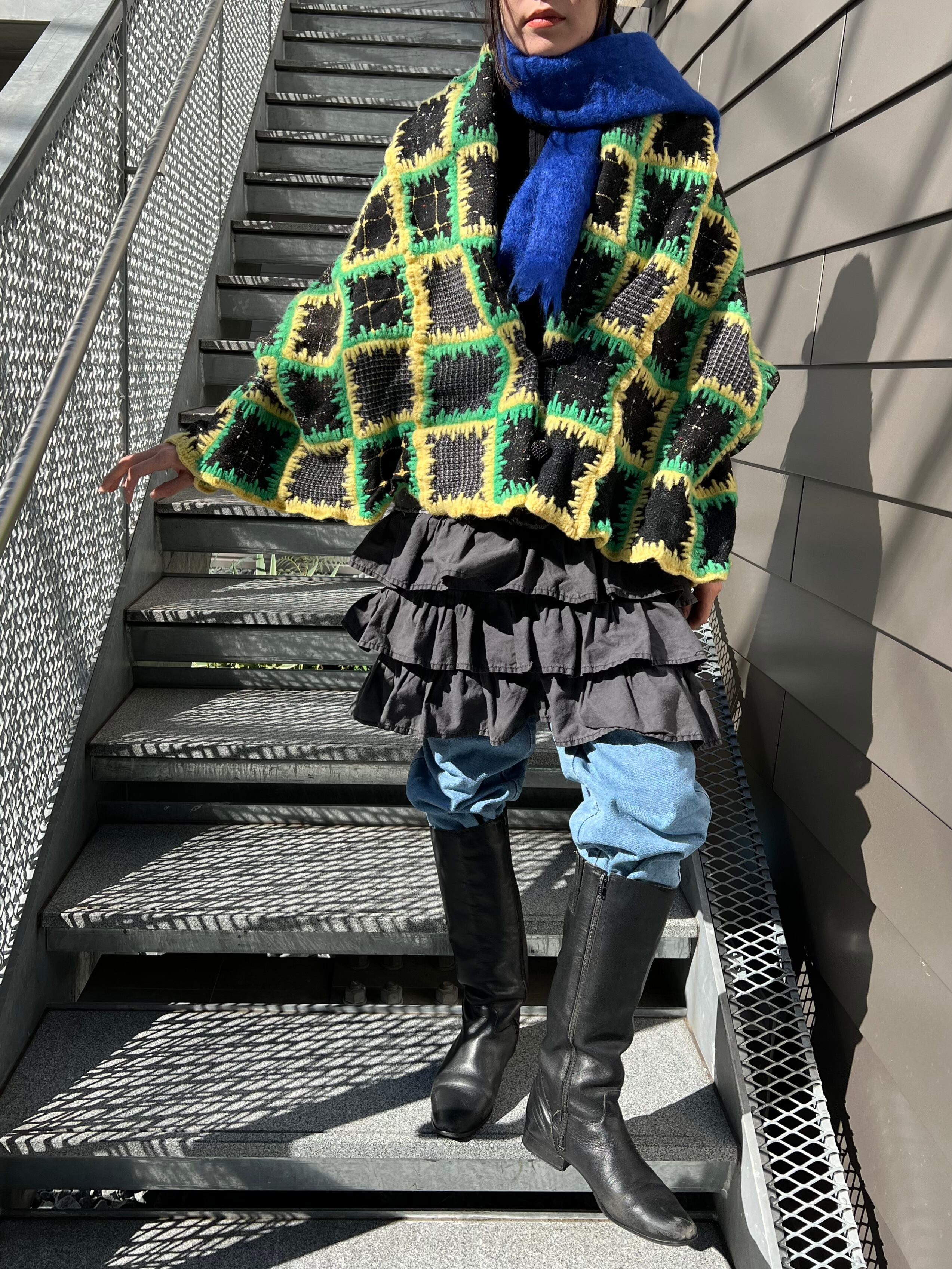 Vintage wool × knit patchwork poncho cardigan ( ヴィンテージ