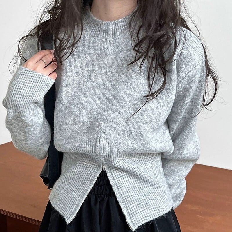 Waist rib knit zip slit pullover