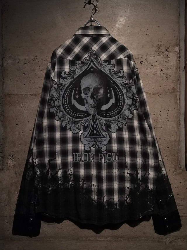 【Caka】Skull Print Design Western Detail Check Shirt