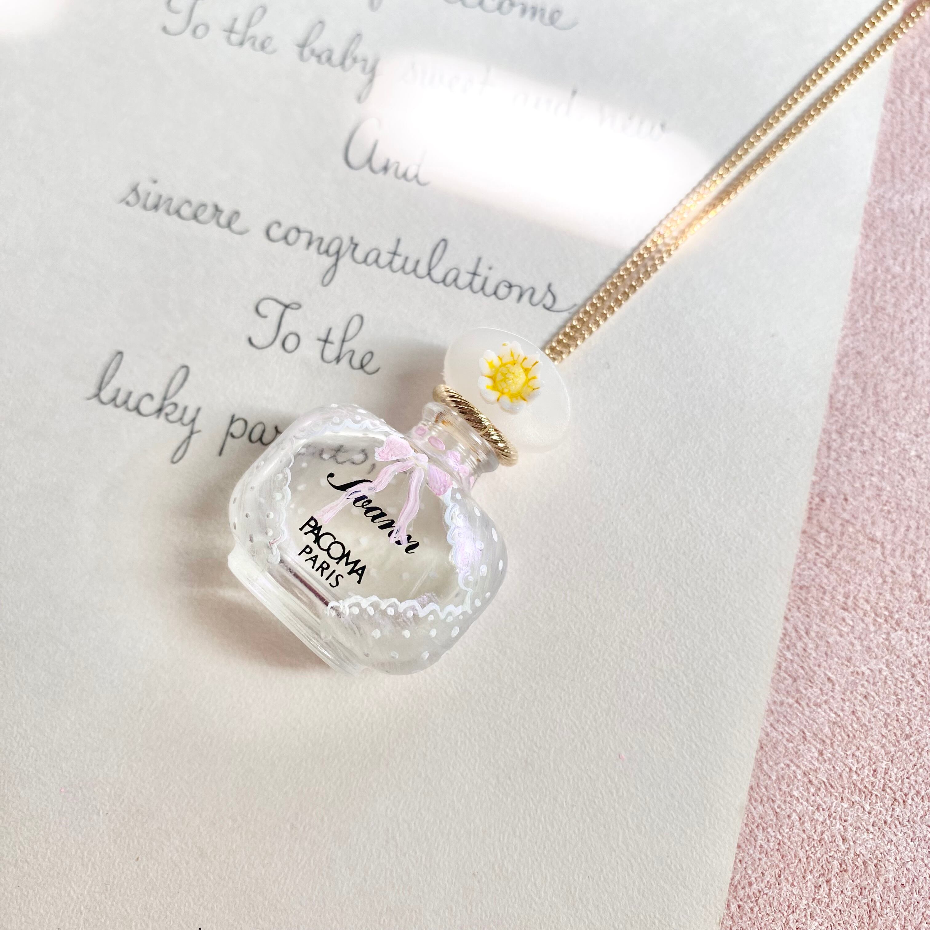 (レースリボン)Hand painted perfume neckless ペイント香水瓶ネックレス