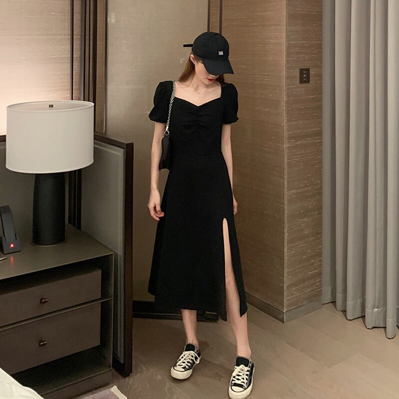 スタンダードスリーブドレス サマーブラックスカート レトロ 夏物 スーパーモール67684799010