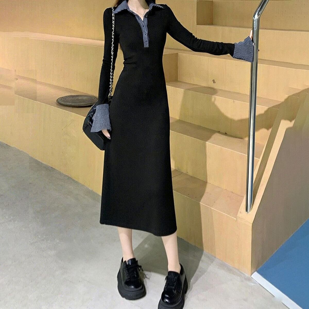 ポロ衿 ロングワンピース 長袖 レディース 春秋冬 韓国 ワンピース きれいめ 大人 かわいい カジュアル ハーフボタン 配色 ブラック 黒 リブニット ニットワンピース 大人可愛い 大人女子