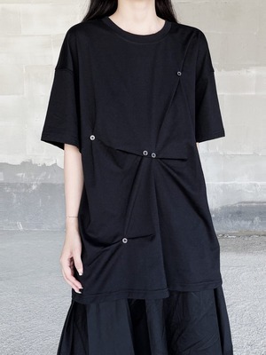 Button gathered drape knit loose T-shirt [T2942]