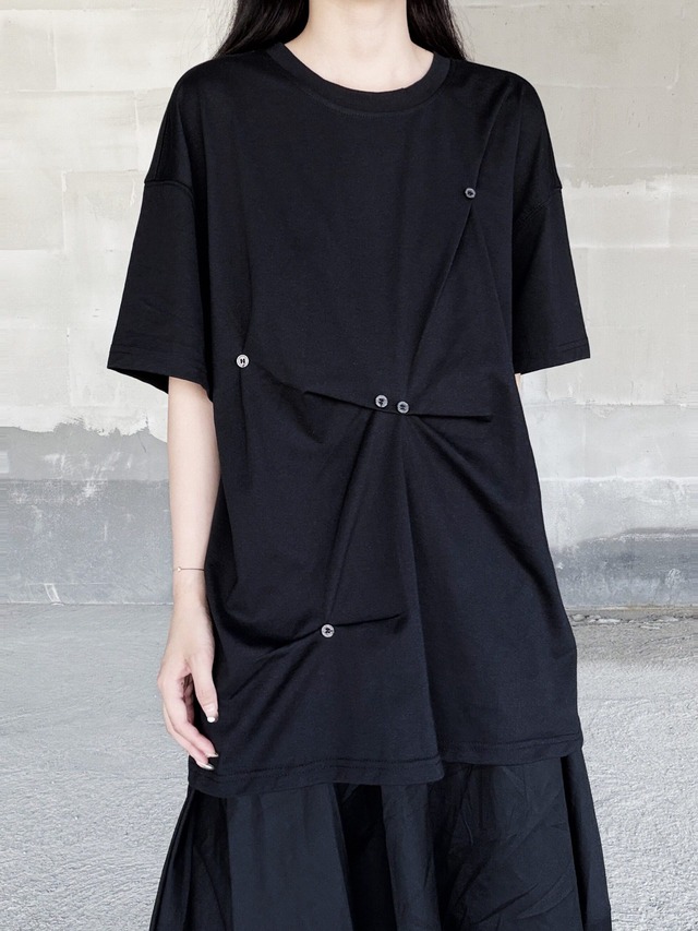 Button gathered drape knit loose T-shirt [T2942]