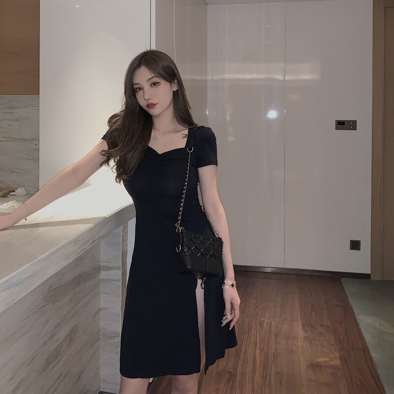 スタンダードスタイルショートスカート サマー薄手ドレス レトロ 夏物 ブラックストロベリース12425702610