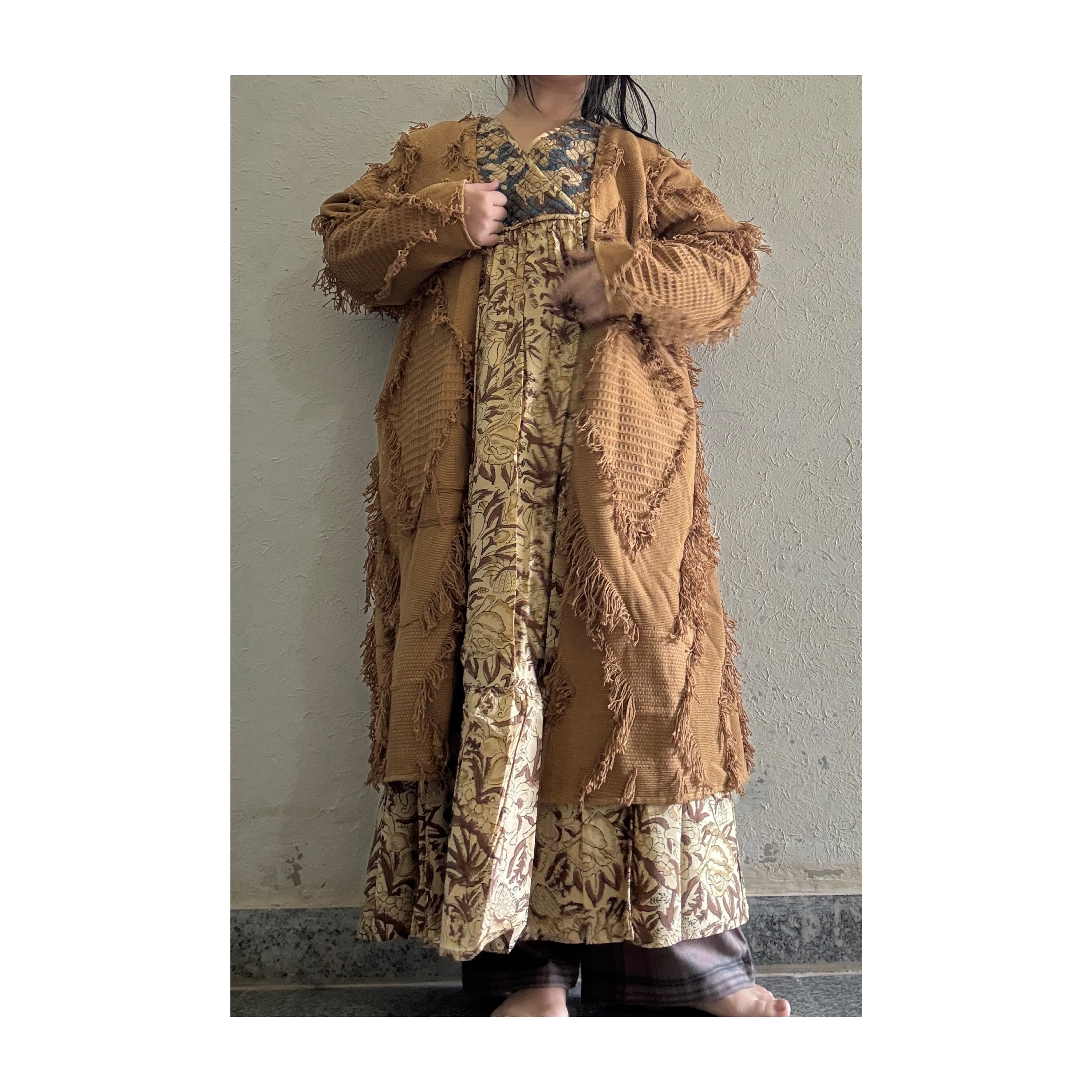 saruche フリンジ織布 ロングジャケット Brown | saruche