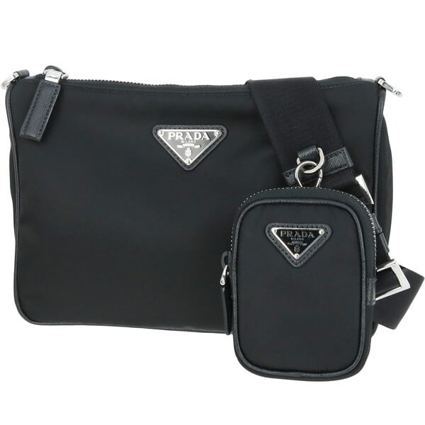 Used PRADA プラダ ショルダーバッグ Re-Nylon サフィアーノレザー ブラック 2VH113 ポーチ付 超美品