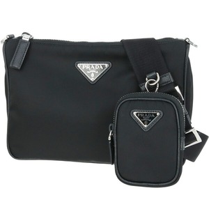 Used PRADA プラダ ショルダーバッグ Re-Nylon サフィアーノレザー ブラック 2VH113 ポーチ付 超美品